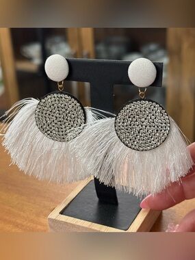 NEW White Tassel Crystal Disc Drop Fringe Earrings
